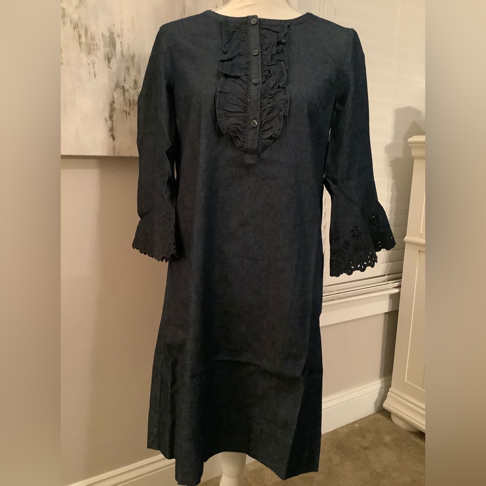 Draper James Blue Jean Dark Wash embroidered Chambray Ruffle Dress small 4  NWT